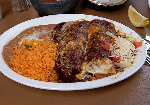 Enchiladas with rice and beans
